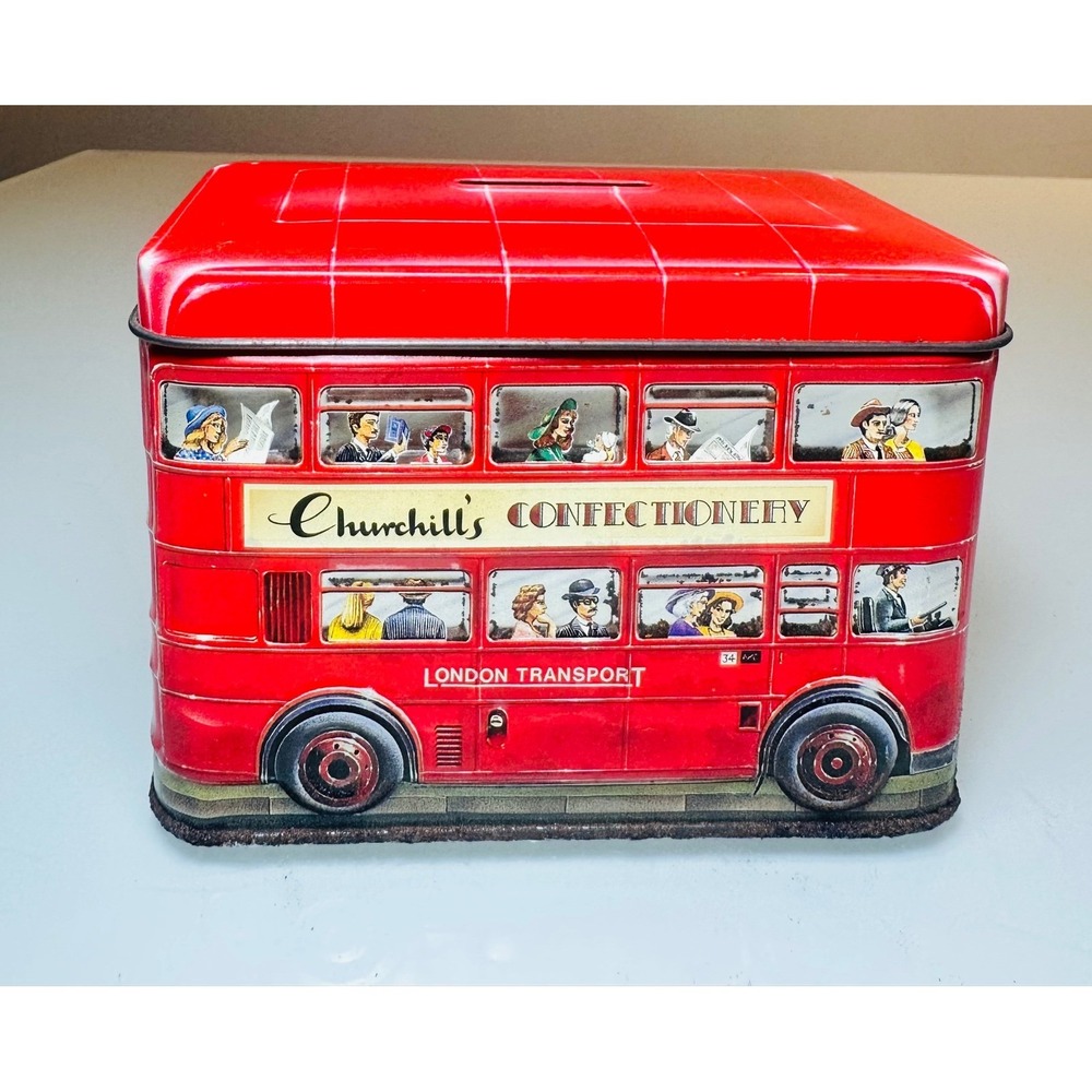 Vintage Churchill's Confectionery London Double Decker Bus Tin Money Box Red